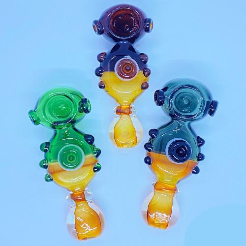 Glass Hand Pipe Yellow Fume Joint Color Tube With Buttons & Fat Belly Spoon - 127 Grams - 5 Inches - Assorted Colors [S112]