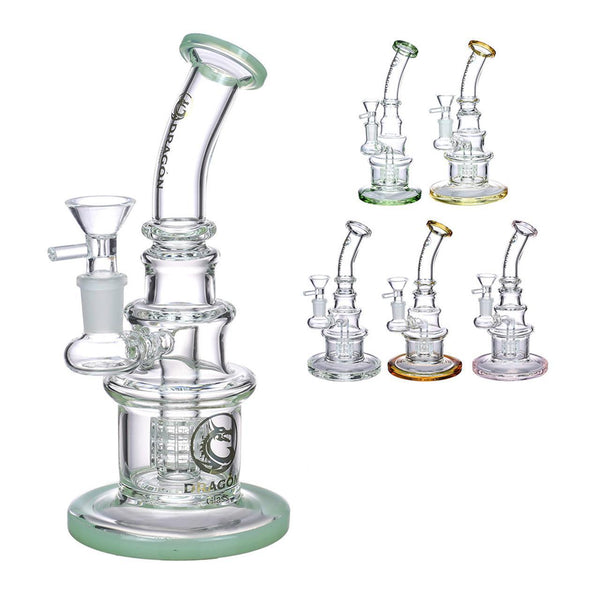 Dragon Glass Water Pipe Thick Base With Double Matrix Perc & Bent Neck - 299 Grams - 8 Inches - Assorted Colors [DGE-074]