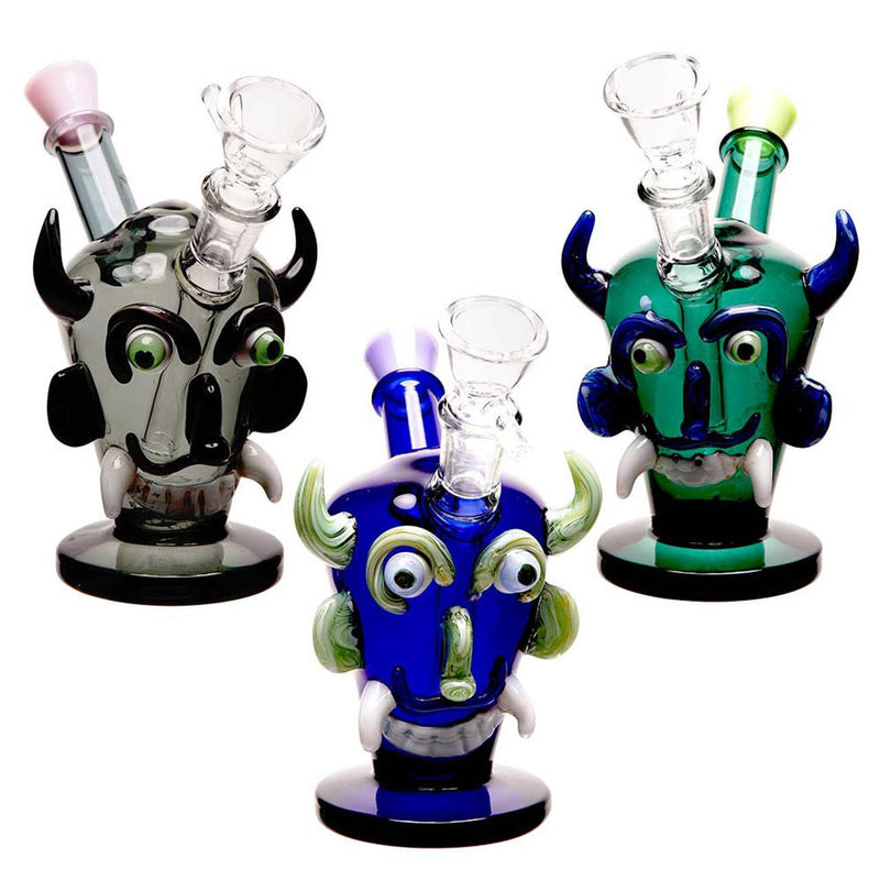 Glass Water Pipe Flat Base With Dracula Face Body & Inclined Neck - 213 Grams - 5.6 Inches [SG-467]