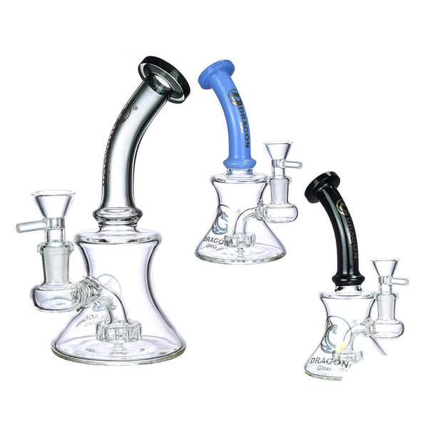 Dragon Glass Water Pipe With Bell Shape Base + Matrix Perc & Bent Neck - 200 Grams - 6 Inches - Assorted Colors [DGE-291]