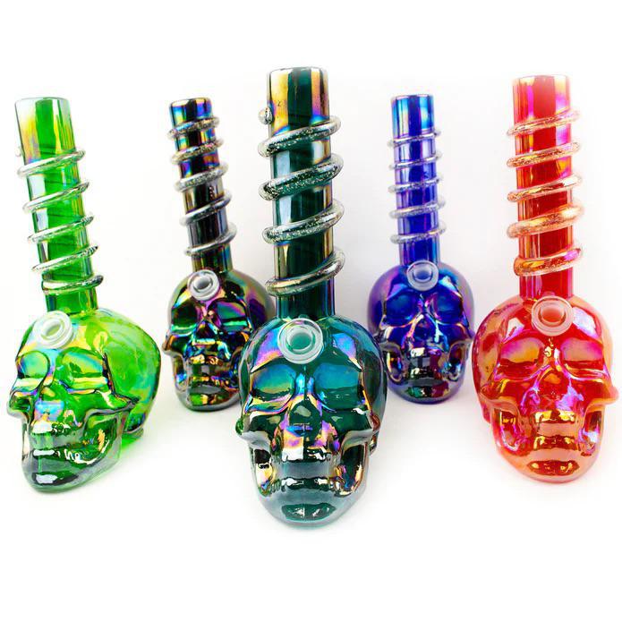 Glass Water Pipe Skull Design With Glass Water Pipe Skull Design With Spiral Hand Grip - 830 Grams - 10.5 Inches - Assorted Colors [10SK]