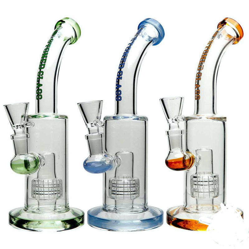 Stoned Glass Water Pipe Bent Neck Cylinder Base Design With Matrix Perc - 302 Grams - 9 Inches - Assorted Colors [SG-108]