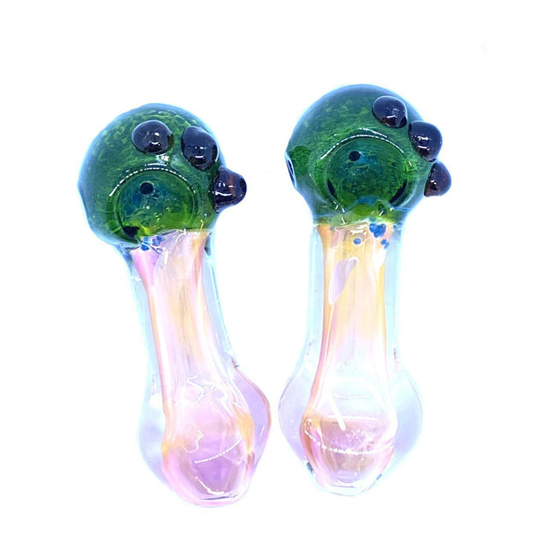 Glass Green Head Marble Dot Gold Fume Flat Mouth Spoon - 5 Inches - 295 Grams - Assorted Colors [R142]