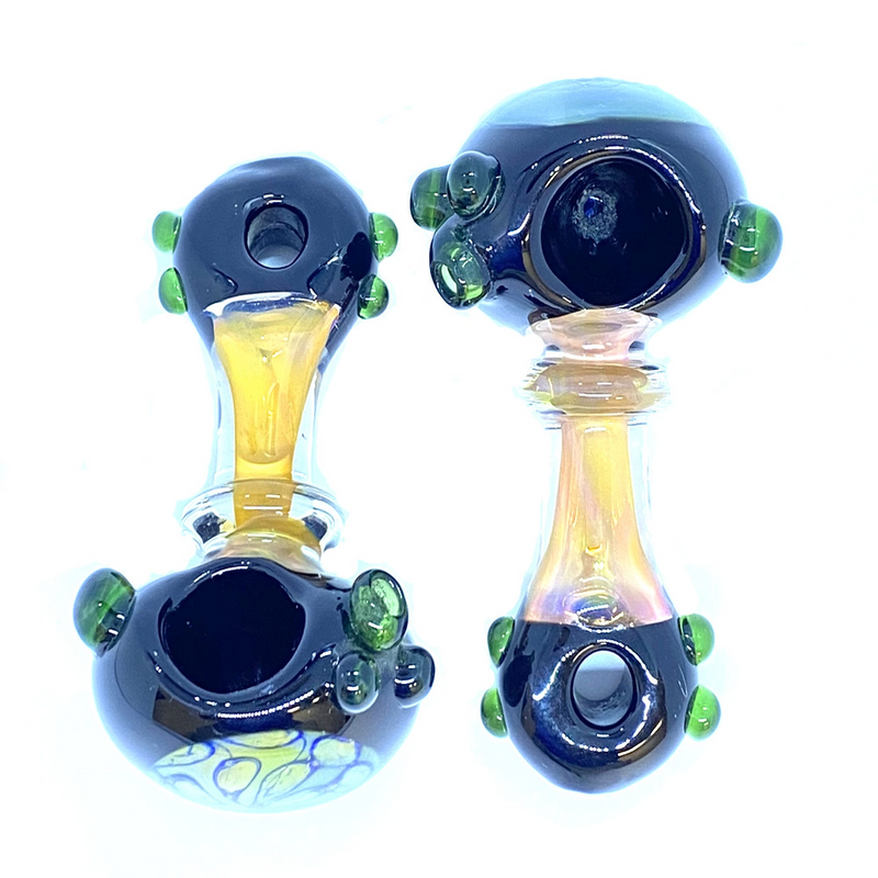 Glass Spoon With Black Dye Head Donut Hole Golden Fumed - 245 Grams - 4.5 Inches - Assorted Colors [C130]
