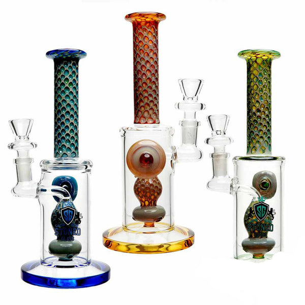 Stoned Glass Water Pipe American Top Honeycomb Design & Shower Ball Eye Marble Perc- 345 Grams - 9 Inches - Assorted Colors [SG-301]